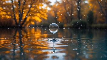 Crystal Ball Floating on Lake with Autumn Trees and Ripples photo