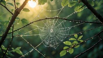 Spiderweb Covered in Dew in the Woods at Sunrise photo