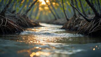 Water Flowing Through Mangrove Roots at Sunrise with Golden Light photo