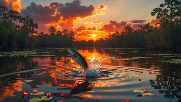Fish Jumping Out of Water at Sunset Over Tranquil Pond photo