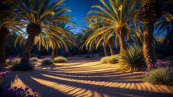 Palm Tree Grove with Sandy Ground and Purple Flowers Under Starry Sky photo