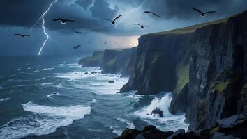 Stormy Ocean with Dramatic Cliffs and Lightning Strikes in Coastal Scenery photo