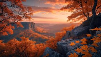 Autumn Landscape with Trees Rocks and Valley at Sunset photo