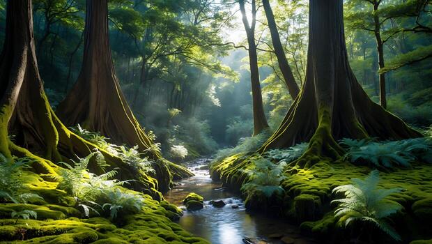 Flowing Stream Through Lush Green Forest with Sunlit Trees photo