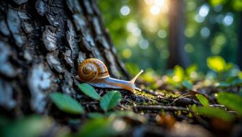 Snail Crawling on Tree Bark in Forest with Sunlight and Leaves photo