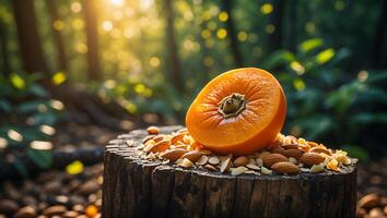Half Persimmon Fruit with Almonds on Tree Stump in Forest photo