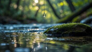 Water Drop Suspended Above Stream with Mossy Rock and Reflections photo