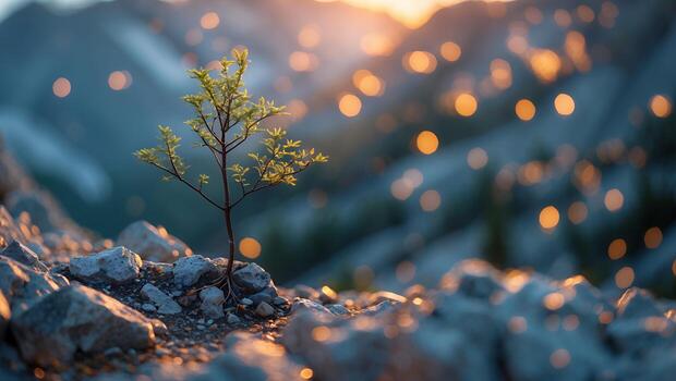 Small Tree Growing on Rocky Ground with Bokeh Lights at Sunset photo