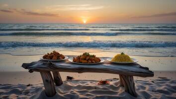 Food Plates on Beach Table at Sunset with Ocean View photo