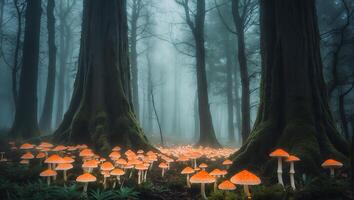 Glowing Mushrooms in Forest Scene with Fog and Large Trees photo