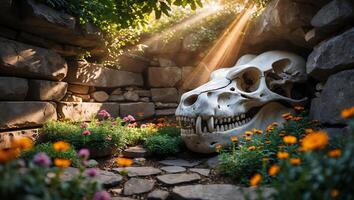 Skull in Stone Garden with Sunlight and Flowers Create a Unique Scene photo