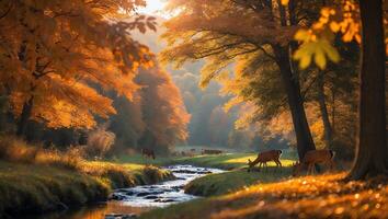 Deer Grazing by Stream Under Autumn Trees in Warm Sunlight photo