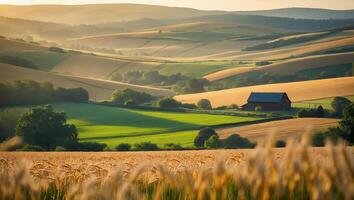 Rolling Hills Landscape with Wheat Field and Distant Building at Sunrise photo