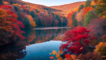 Scenic Lake Reflecting Autumn Colors with Forest Covered Hillsides photo