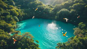 Aerial View of Turquoise Lagoon Surrounded by Lush Green Rainforest photo