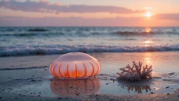 Jellyfish on the Beach During Sunset with Reflections on Sand photo
