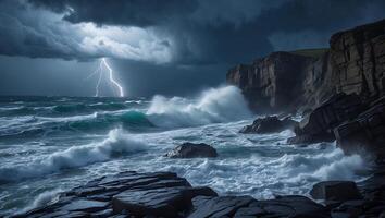 Stormy Ocean Waves Crashing Against Rocky Coastline with Lightning Strike photo