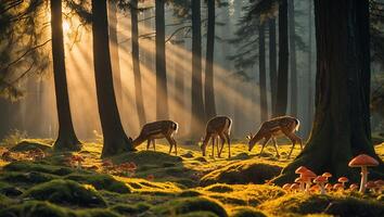 Deer Grazing in Forest with Sunbeams and Mushrooms on Mossy Ground photo