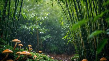 Mushrooms in Bamboo Forest During Rainfall Creating a Peaceful Atmosphere photo