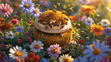 Bees Gathering on Honeycomb in a Flower Field at Golden Hour photo