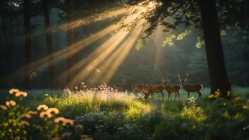 Deer Grazing in Forest Meadow with Dramatic Sun Rays Shining Through photo