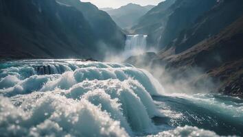 Cascading Waterfall Flowing Through Mountain Valley with Mist and Haze photo