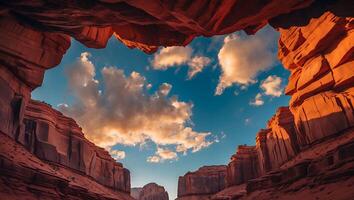 Exploring Canyon View with Blue Sky and Clouds Through Rock Formation photo