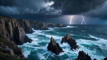 Dramatic Seascape with Lightning Striking Over Rocky Cliffs During Storm photo