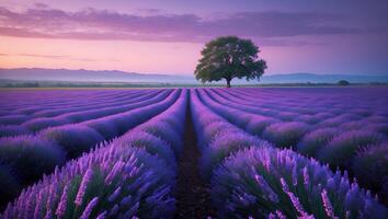 Lavender Field at Sunset with Tree in the Distance photo