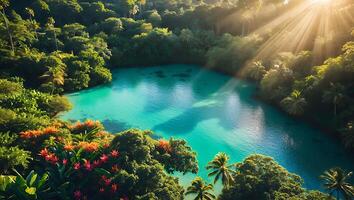 Turquoise Lake Surrounded by Tropical Forest with Sun Rays photo