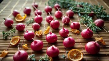 Arrangement of Radishes, Orange Slices, and Herbs on Bamboo Mat photo