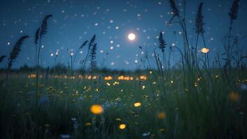 Night Meadow Twinkling Lights with Tall Grass and Distant Moon photo