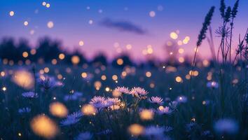 Wildflower Meadow at Twilight with Sparkling Light Effects and Purple Sky photo