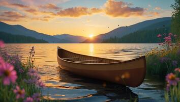 Canoe on Calm Lake at Sunset with Mountains and Wildflowers photo