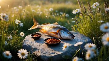 Fresh Fish with Sauce on Stone in a Daisy Field photo