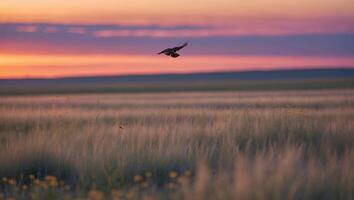 Bird Flying Over Grassland at Sunset with Beautiful Colorful Sky photo
