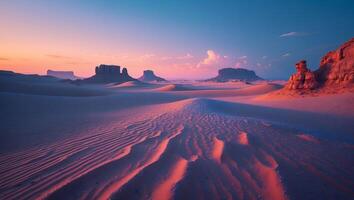 Sand Dune Landscape at Sunrise with Pink Sky and Rock Formation photo
