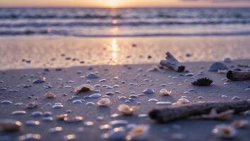 Seashells and Driftwood on Sandy Beach at Sunset Peaceful Scene photo