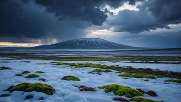 Snowy Landscape with Distant Mountain Under Dramatic Clouds and Rain photo