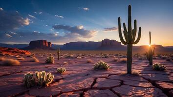 Cactus in Desert Landscape at Sunset with Dramatic Sky photo