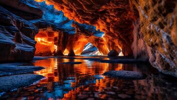 Exploring Mysterious Cave Reflection with Water and Stone Formations photo