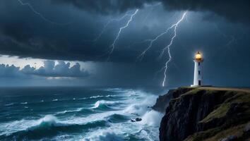 Dramatic Lighthouse Scene with Lightning Storm Over Ocean Waves photo