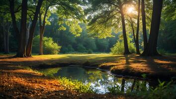 Pond Reflecting Trees in Forest with Sunlight Streaming Through Canopy photo