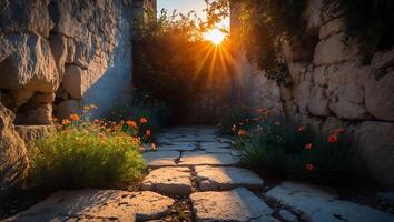 Walking Stone Path Through Old Walls with Sunlight and Wildflowers photo