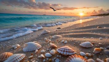Seashells on Sandy Beach with Ocean Waves and a Bird at Sunset photo