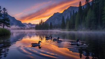 Ducks Swimming on Calm Lake at Sunrise Reflecting Mountains and Sky photo