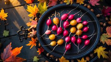 Radishes on Black Plate Surrounded by Autumn Leaves and Acorns photo