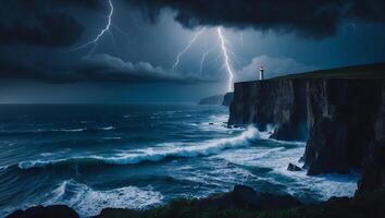 Lighthouse on Cliff During Thunderstorm with Ocean Waves Crashing photo
