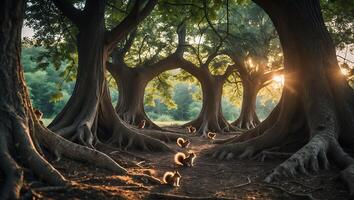 Squirrels Gathering Under Large Trees with Sunlight Shining Through Branches photo