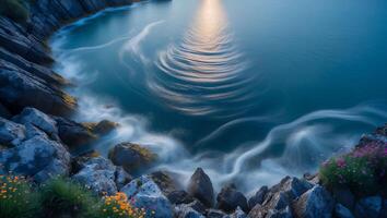 Ocean Waves Crashing on Rocky Shoreline with Floral Accents at Sunset photo